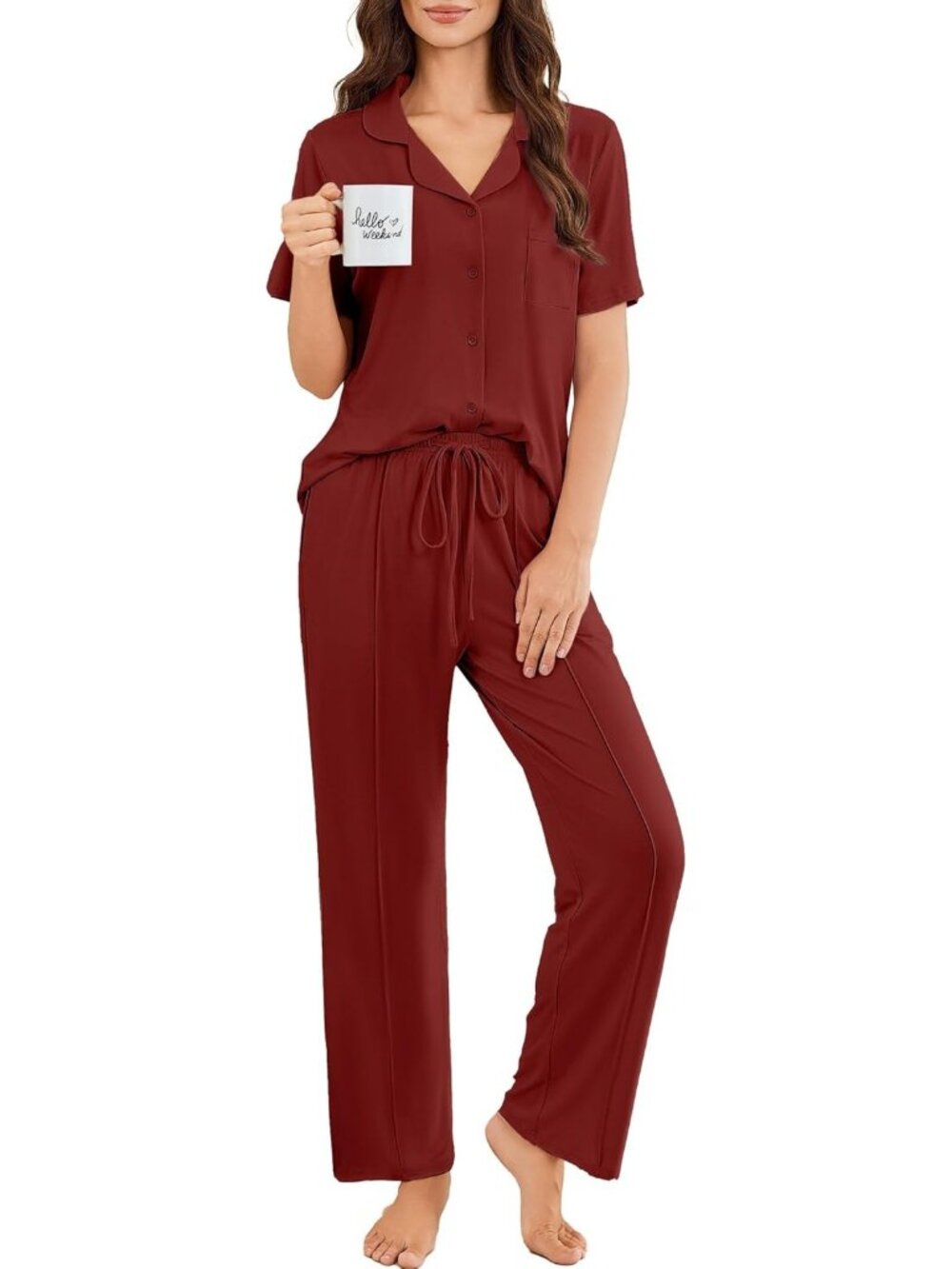 Women Wine Red Button Up Short Sleeve Shirt Sleepwear Pajamas Set